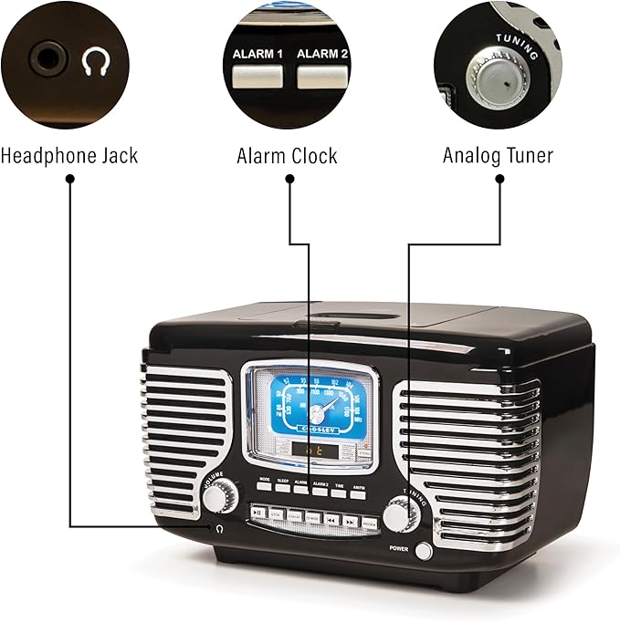 Crosley CR612B-BK Corsair Retro AM/FM Alarm Clock Radio and CD Player with Stereo Bluetooth Speakers, Black