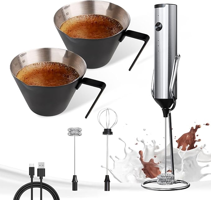 YARRAMATE Silver Powerful Milk Frother Wand & 100ML Metal Measuring Cups