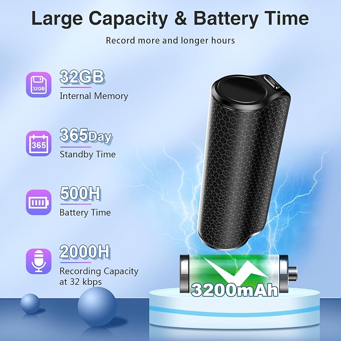 32GB Long Hours Voice Recorder, Voice Recorder with 2000 Hours Capacity, 500 Hours Continuous Recording, Digital Voice Recorder