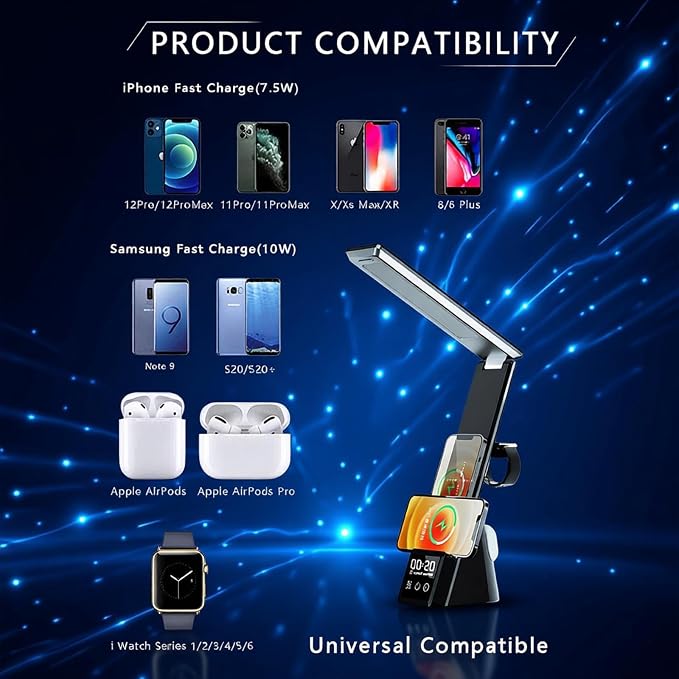 AYI Multi-Functional Wireless Charging Lamp with LED Display, Alarm Clock, 3 Color Light Modes, Foldable & Portable, 15W Fast Wireless Charger Stand for Smartphones, Smartwatches, Earbuds, N61 Black.