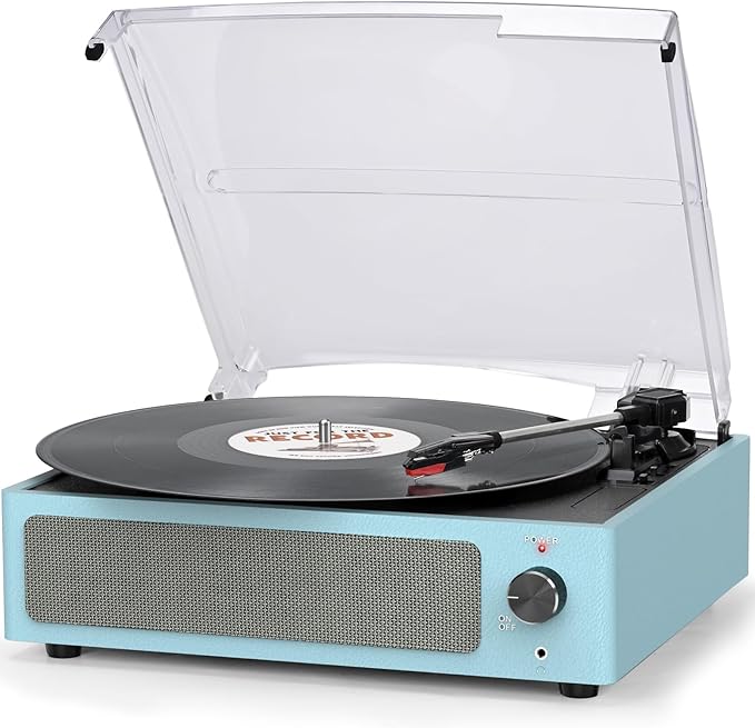 Vinyl Record Player with Speakers Vintage Turntable for Vinyl Records Belt-Driven Turntable Support 3-Speed, Wireless Playback Headphone AUX-in RCA Line LP Players for Sound Enjoyment New Sleek Blue