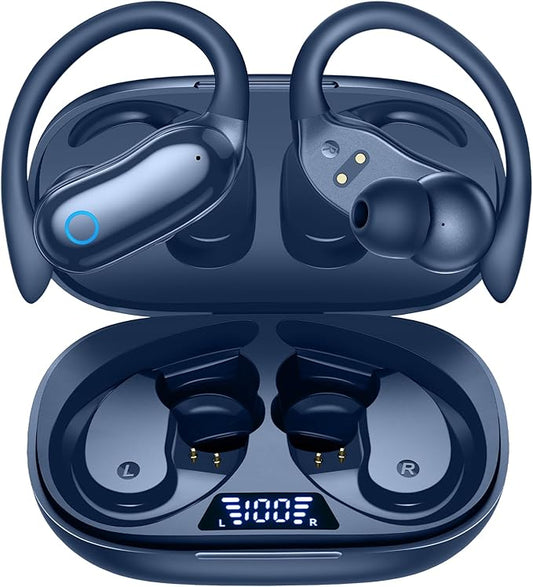 GNMN Active Noise Cancelling Ear Buds Wireless Earbuds 96hrs Playback Bluetooth Headphones Dual Battery Display Stereo Bass Earphones with Earhooks Microphone IPX7 Waterproof Headset for Sports/Gym