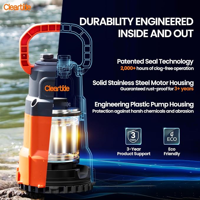Cleartide Submersible Utility Water Pump, 1/2 HP 3060 GPH Sump Pump, Portable Plug and Work for Pond, Garden Watering, Pool or Hot Tub Water Transfer