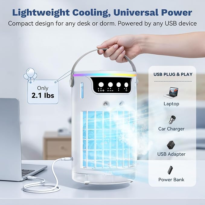 Portable Air Conditioners, Personal Evaporative Air Cooler 1200ML with Ice Cooling Mist Fans That Blow Cold Air Like AC Mini AC Unit for Bedroom, Home Office Desk and Car RV (White)