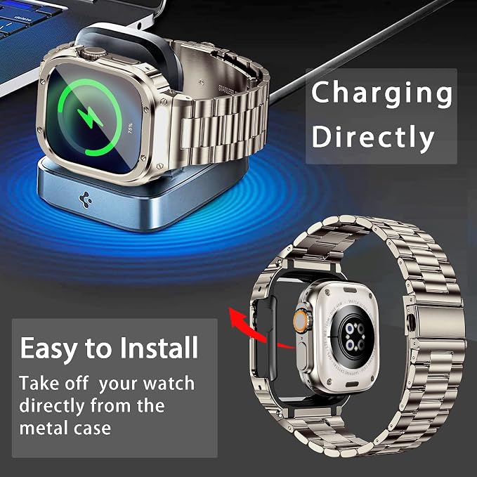 MioHHR Stainless Steel Band and Case Compatible with Apple Watch Band 49mm, Men Metal Protective Bumper Cover for iWatch Series Ultra 3/2/1, Titanium Color