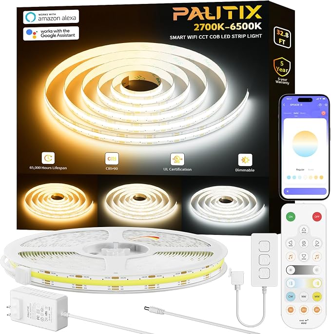 PAUTIX CCT COB LED Strip Light White Tunable 6400LEDs,CRI90+ 32.8ft/10m Dimmable 2700K-6500K 24V LED Tape Lights Kit,Work with Alexa/Google Assistant,for Under Cabinet Bedroom Kitchen DIY Lighting