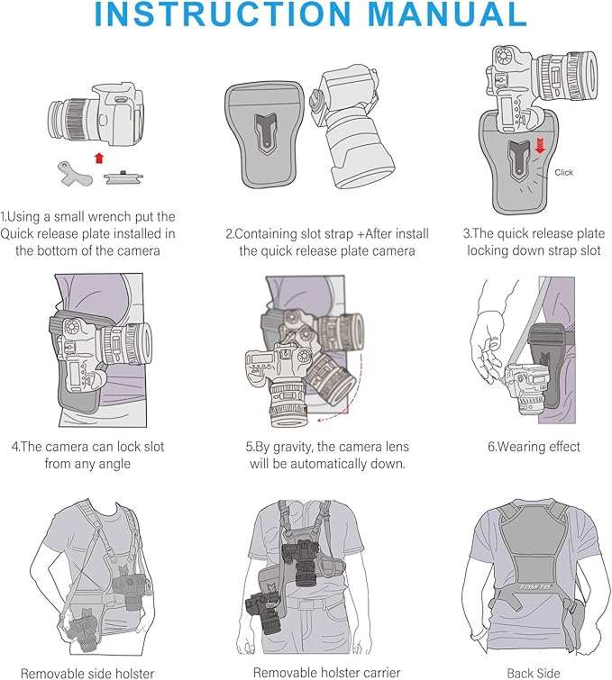 FOMITO Dual Camera Chest Harness System, Professional Photography Vest with Side Holster, Gray