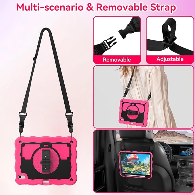 ZoneFoker for iPad A16 11th Generation 2025 / 10th Gen Case 2022, for 11 Inch / 10.9 Inch iPad Case Heavy Duty Cover Shockproof with Pencil Holder [360° Rotate Strap] & Stand, Hot Pink