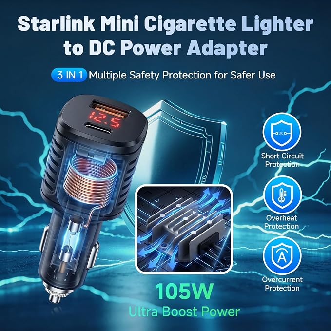 Starlink Mini Car Adapter,16.4FT Starlink Mini Car Charger 12/24V Step Up to 30V 3.5A DC Power Cable Starlink Mini Accessories with Digital Display Cigarette Lighter Adapte for Trucks RV Ships