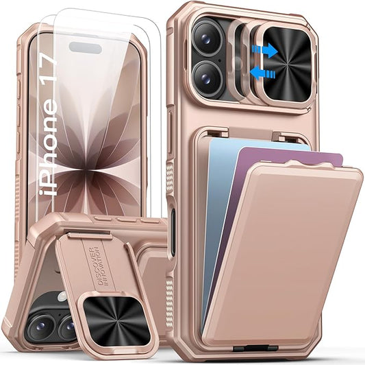 SSLOTSCASE for iPhone 17 Case with 2X Screen Protector, HD Clarity Anti-Scratch, Card Holder & Kickstand & Slide Camera Cover, Military-Grade Heavy Duty Rugged Phone Cover for iPhone 17 6.3'', Gold