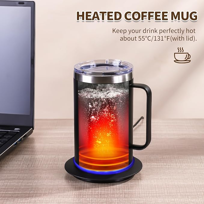 Coffee Warmer Mug Set for Desk, Self Heating Coffee Cup with Lid, USB Electric Coffee Mug with Temperature Control(Black-14oz)