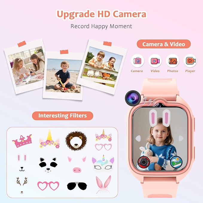 Blackview Kids Smart Watch with 32 Puzzle Games, HD Camera & Video Recording, 1.75" Touch Screen, Flashlight,Music Player, Pedometer, Alarm Clock,Stopwatch,Kids Watch for Girls Ages 4-12