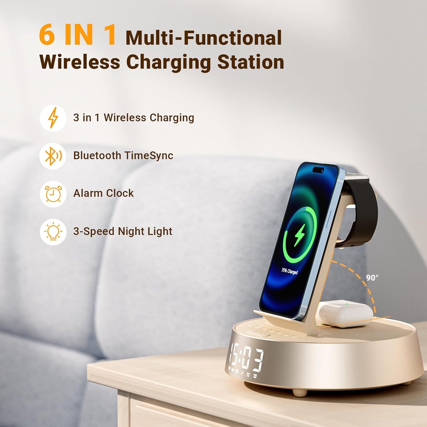 Alarm Clock with Wireless Charging Station, Clock for Bedroom with Dimmable Night Light Bluetooth Speaker, Wireless Charger Dock Station for iPhone 17 16 15 14 13 12 Pro Max, Apple Watch