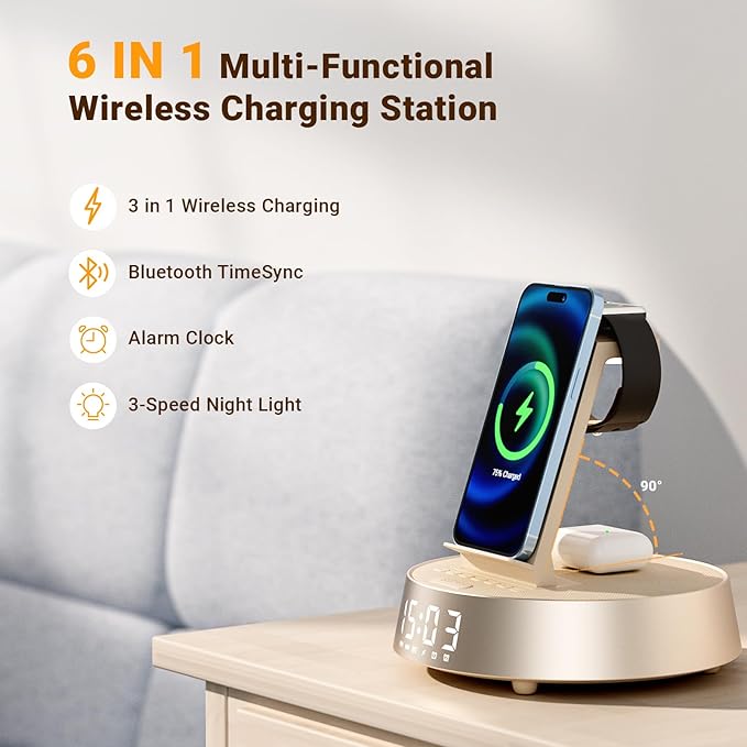 Alarm Clock with Wireless Charging Station, Clock for Bedroom with Night Light Bluetooth Speaker, Wireless Charger Dock Station for iPhone 17 16 15 14 13 12 Pro Max, Apple Watch 11, AirPods 3 (Beige)