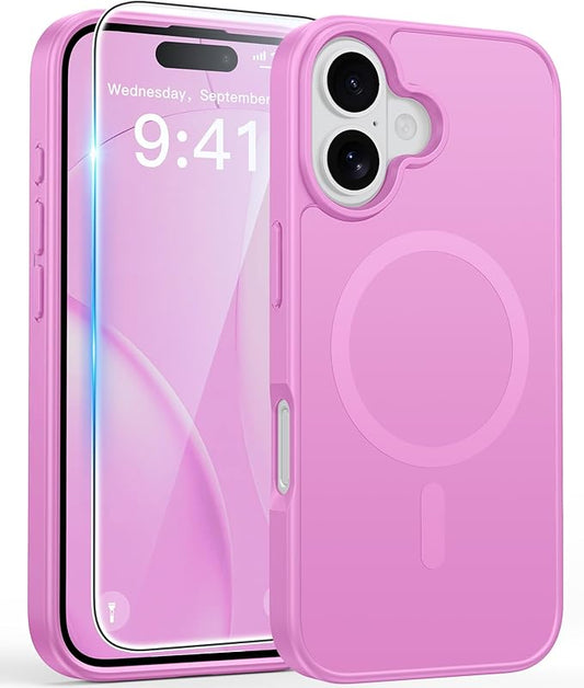 FNTCASE for iPhone 16 Case: [Compatible with Magsafe] Matte Cases with [Full Camera Protection] [Screen Protector] Military Grade Shockproof Protective Phone Cover -Full Pink