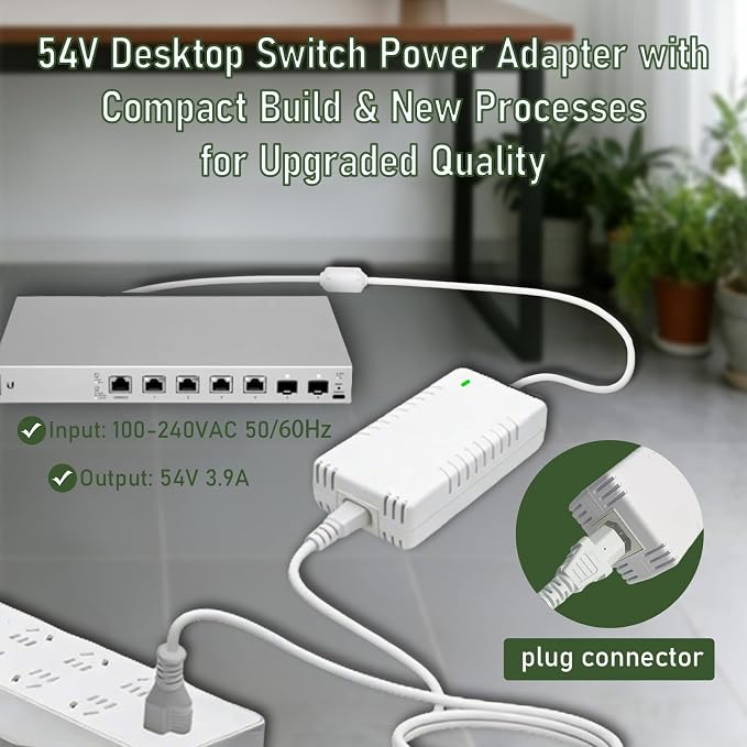 54V 210W Power Adapter for Ubiquiti Networks UniFi XG 6 PoE Compatible with US-XG-6POE,USW-Ultra-210W 6 and 8-Port Switches,ADS-210NX-48-1,540210E,ADS-210NX-48-1540210E Models, PSU(White)