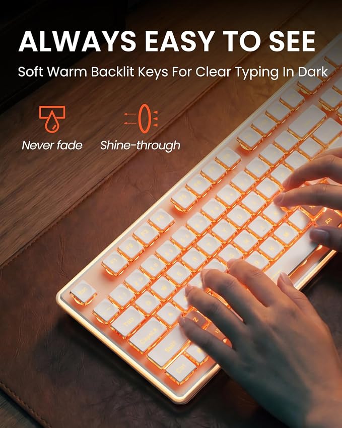 Wireless Keyboard and Mouse Combo with Warm Backlit Pudding Keycaps, Bluetooth & 2.4G, 2000mAh Rechargeable, Full Size, Metal Panel Quiet Computer Keyboard Set for Windows PC Desktop - Rose Gold