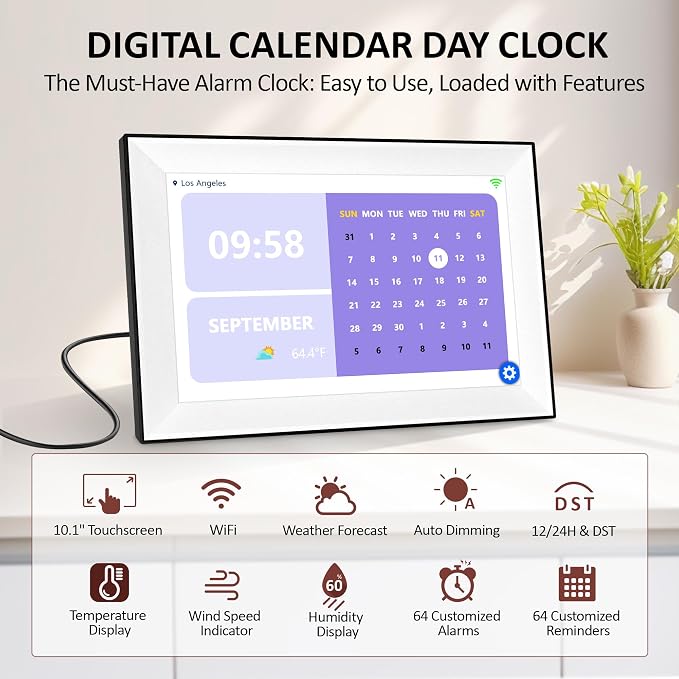WiFi 10.1 Inch Digital Alarm Clock for Seniors, Large Display with Day/Date Smart Touchscreen Electronic Calendar 64 Alarms 64 Reminders Dementia Alarm Clock for Elderly（White）