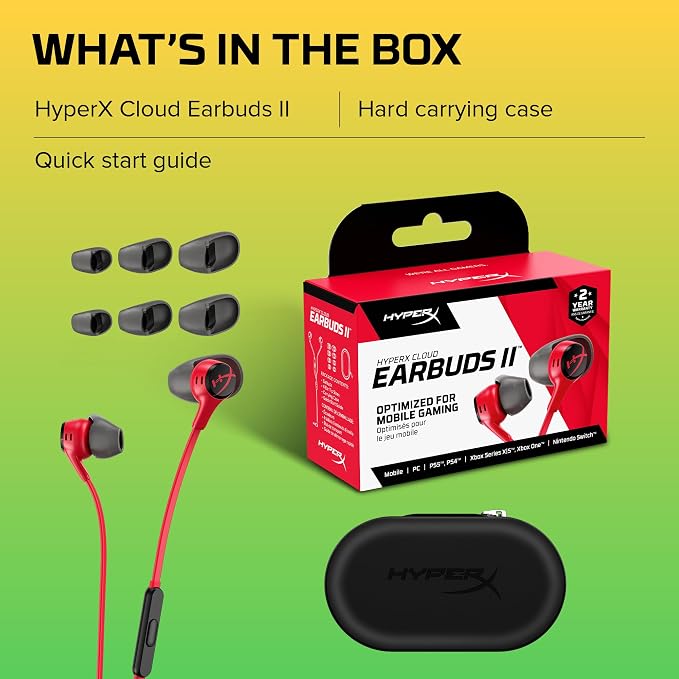 HyperX Cloud Earbuds II – 14mm Drivers, Four Eartips, Hard-Shell Carrying Case, Low-Profile 90° Plug, 3.5mm Plug, Built-in Microphone, Multi-Function Button, PC, Mobile, Nintendo Switch – Red