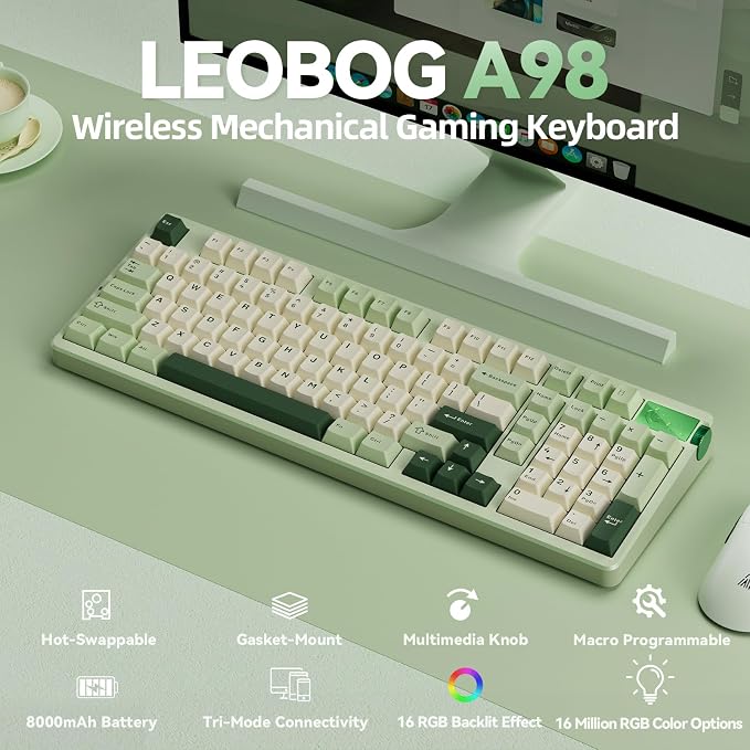CORBOBO LEOBOG A98-96% Mechanical Keyboard Wireless, Tri-Mode BT5.0/2.4GHz/USB-C, Creamy Keyboard with Number Pad, Gasket Structure Hot Swappable, RGB Backlit Green Gaming Keyboards with Knob for PC