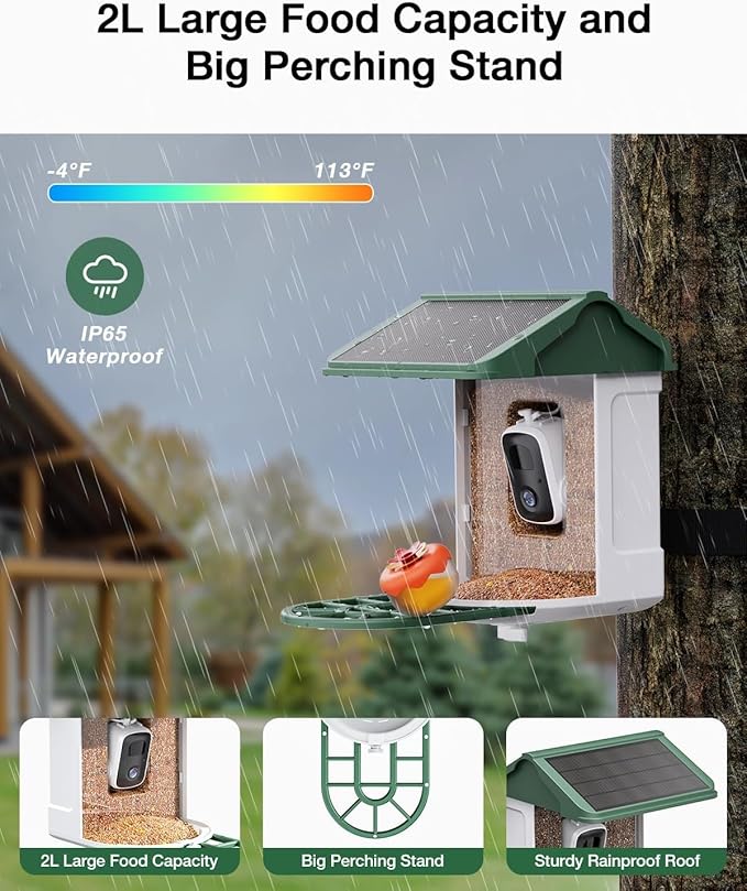HARYMOR Bird Feeder with Camera Solar Powered-2K Live Feed, Smart AI Identify Birds, 2L Food Capacity, Auto Captured Bird Video, Real-time Arrived Alerts, Mini Hummingbird Feeder for Outdoor Backyard