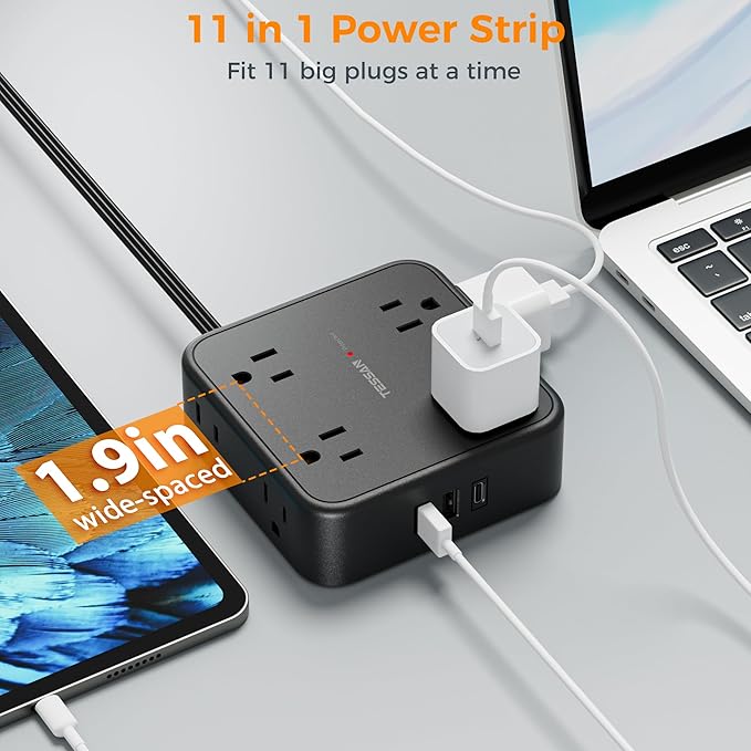 TESSAN Surge Protector Power Strip, 15 Ft Flat Plug Extension Cord with 3 USB (1 USB C) 8 Outlets, 1250W, 900J Protection, 3 Sided Outlet Extender with Power Switch for Office, Dorm Room, Black