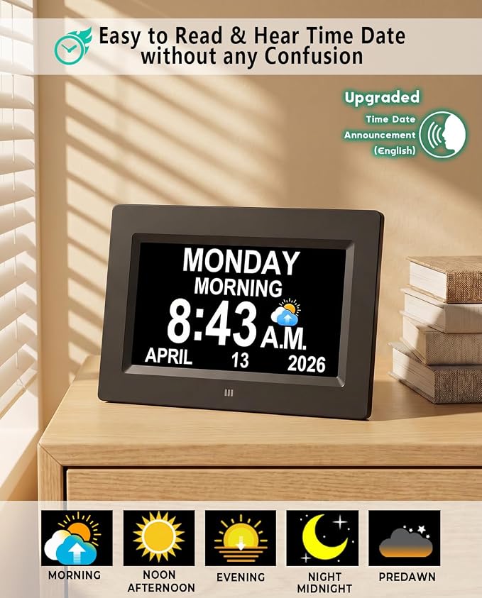 【Upgraded】27 Alarms Digital Talking Clock with Day and Date, Custom Reminders, 1280*800p HD Dsiplay, 10-Levels Dimmer, Auto DST, Sleep Trainer for Elderly Dementia, Voice-Talking with Remote