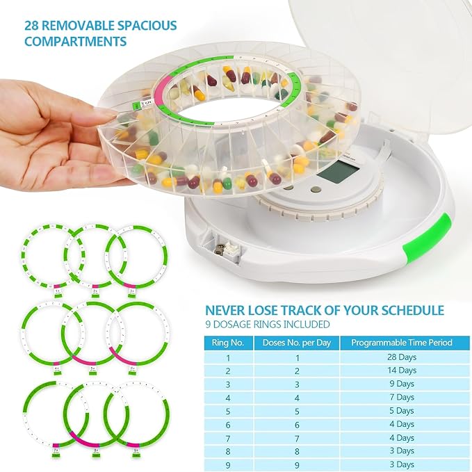 Bluetooth Automatic Pill Dispenser with App Setup for Elderly | Up to 9 Daily Doses, 28 Day Locked Medication Organizer Audio/Visual Alerts for Dementia & Chronic Care, Clear Lid