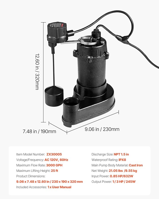 VEVOR Submersible Sewage Pump, 1/3 HP, 3000 GPH Cast Iron Sewage/Effluent Pump with Automatic Float Switch, 1.5-Inch NPT Discharge, 120V, 25 ft Lift, for Basement, Septic Tank, Residential Sump Basin