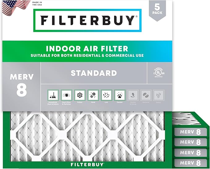 Filterbuy 30x30x1 Air Filter MERV 8 Essential Dust & Allergy Defense (5-Pack), Electrostatic Pleated HVAC AC Furnace Filters Replacement, Made in USA (Actual Size: 29.50 x 29.50 x 0.75)