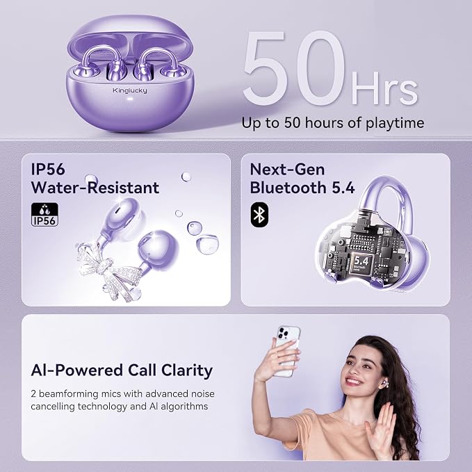 Kinglucky Open-Ear Clip-On Earbuds with Jewelry Bow Earrings, Purple | Lightweight & Comfortable Fit, Fashionable Design for Women, Ideal for Work, Running, Daily Wear