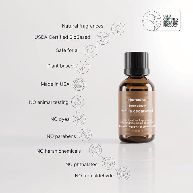 Homedics Waterless Essential Oil Diffuser with 15ml Vanilla Cedarwood Fragrance Oil. SereneScent Cordless Cold Air Scent Diffuser Starter Kit with Ambient Light, Studio 671 (White)