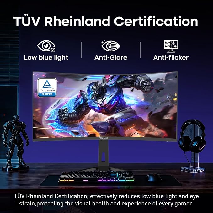Amzfast 34 Inch Curved Monitor 200Hz UWQHD (3440x1440) Gaming Monitor, 1ms G-SYNC Compatible, 1500R, PIP/PBP, HDR, 131% sRGB, Tilt/Swivel/Height Adjustable,TÜV Rheinland, HDMI 2.1 x 2 & DP 1.4 x 1