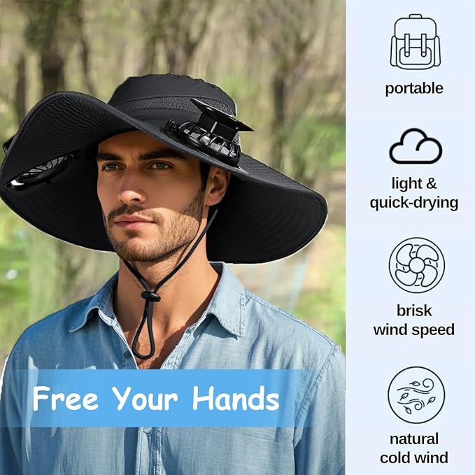 Solar Powered Fan Hat with 2 USB Solar Charging Removable Fans Wide Brim Sun Hat for Outdoor Fishing, Hiking Gardening