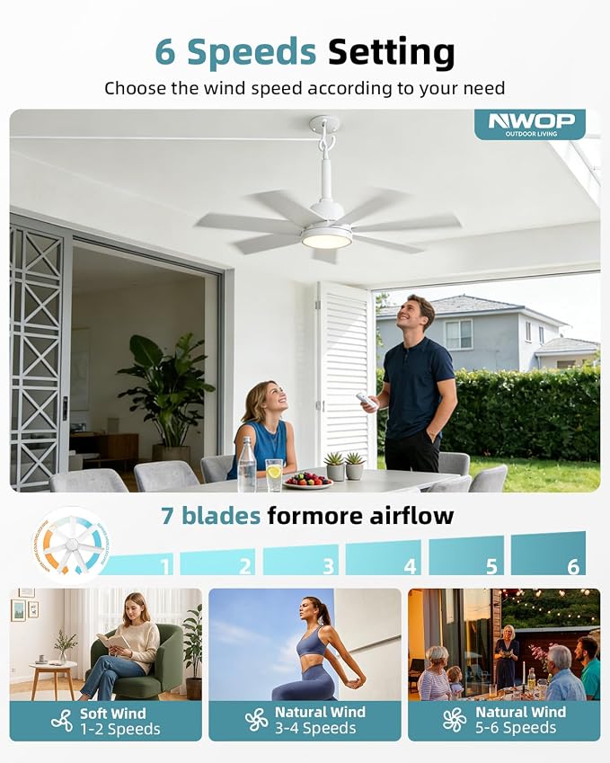 NWOP 28'' Outdoor Ceiling Fans with Lights and Remote, LED Gazebo Hanging Fan with Hook, 3CCT 3000K-6500K Dimmable Gazebo Fan, 6-Speed Quiet Ceiling Fan with Timer for Patio, Porch, Pergola, 2-White