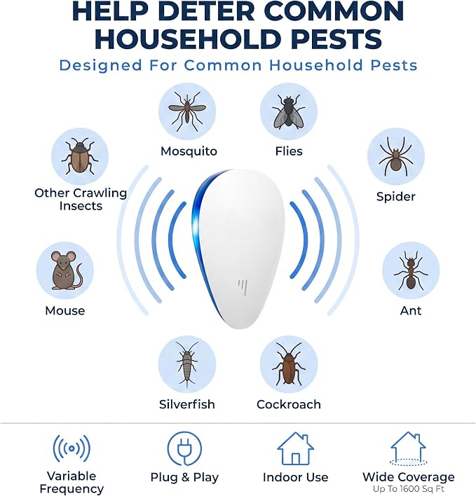 Mice Repellent Indoor, Rodent Roach Spider Insect Pest Repeller, Plug-in Pest Control for Bugs, Insects, Roaches, Mice, Spiders, Rodents, Mosquitoes