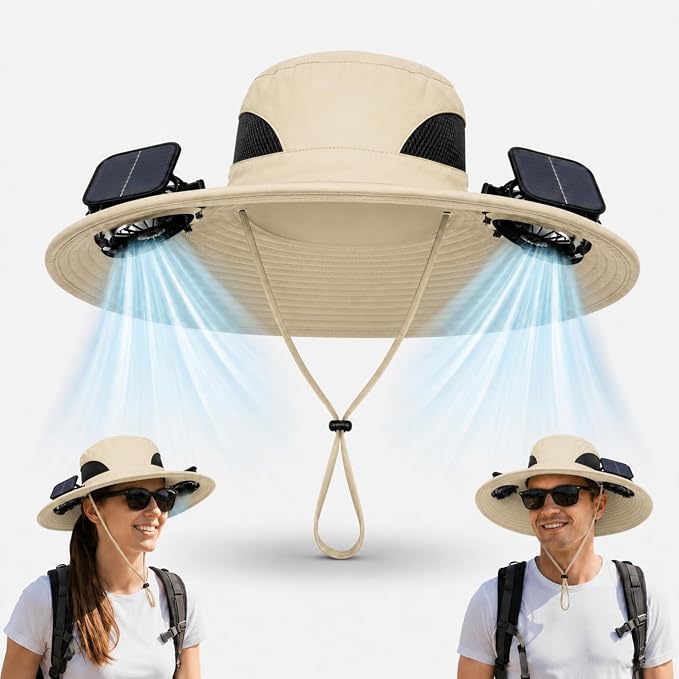 Berlune Sun Hat with 2 Solar Fan Wide Brim Fishing Bucket Hat USB & Solar for Men Women UPF 50+ Cooling for Fishing Beach