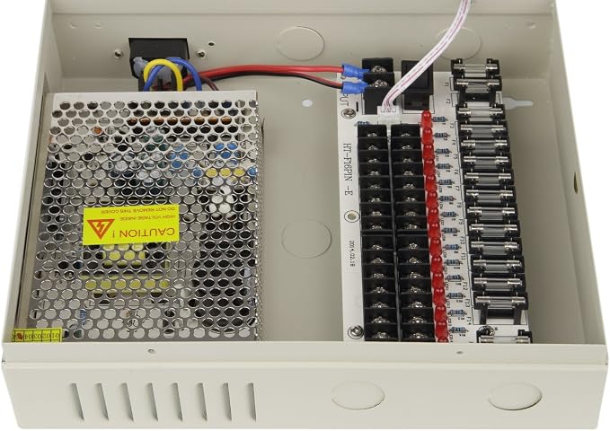 16 Channel Port 12V DC 10 Amp Amper with Glass Fuse Distributed Power Supply Box for CCTV DVR Security System and Camera or IP Cameras