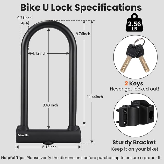 Bike Locks Heavy Duty Anti Theft,18mm Shackle High Security Bicycle U Lock with 2 Keys and Sturdy Mounting Bracket, Perfect for Electric Bike, Scooter, Motorcycle (U Lock with Cable, Long)