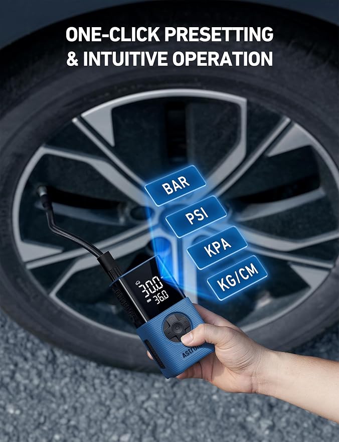 AstroAI L7S Tire Inflator Portable Air Compressor Cordless with Digital Pressure Gauge, 150 PSI LED Light Bike Air Pump with Fast Inflation & Auto Shut-Off for Car Tires,Motorcycles,Bikes,Balls,Blue