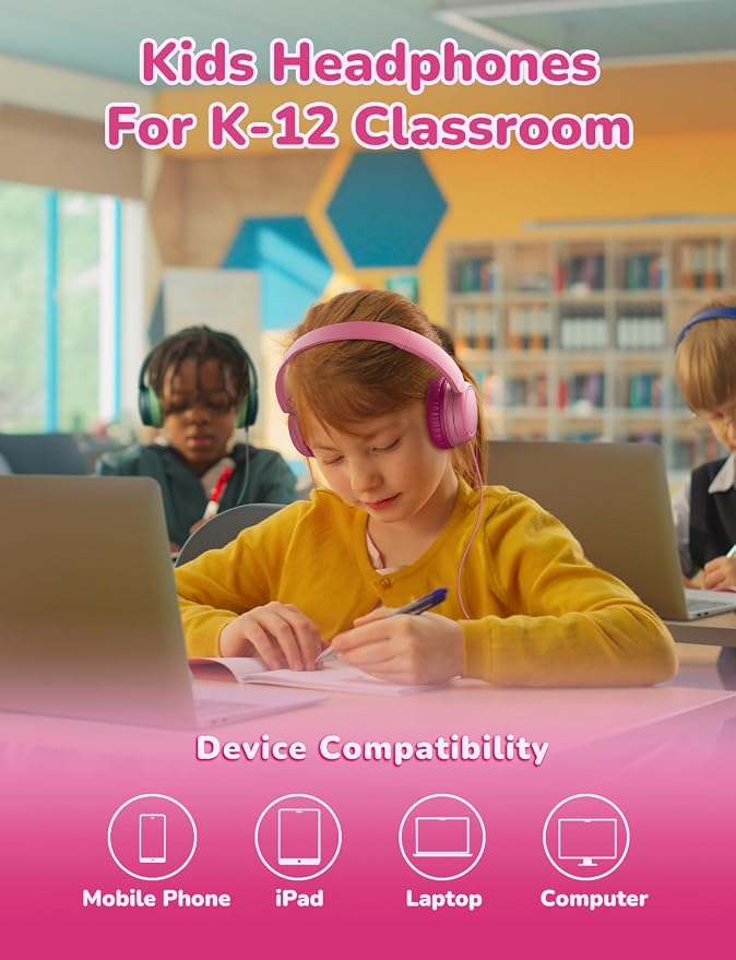 iClever Kids Wired Headphones for School Students K-12 & Teachers, Durable PP Material, Tangle Free, Kids Headphones with Cord Multiple Folding Options Suitable for School/Home/Travel, Bulk 5Pack