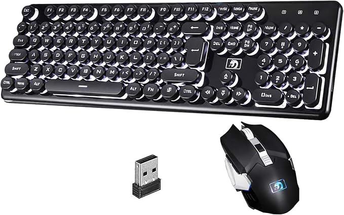 Gaming Keyboard and Mouse Combo, 2.4Ghz Wilress Keyboard with LED White Backlit 104-Key Full Size Ergonomic and Optial Mice for PC/Laptop