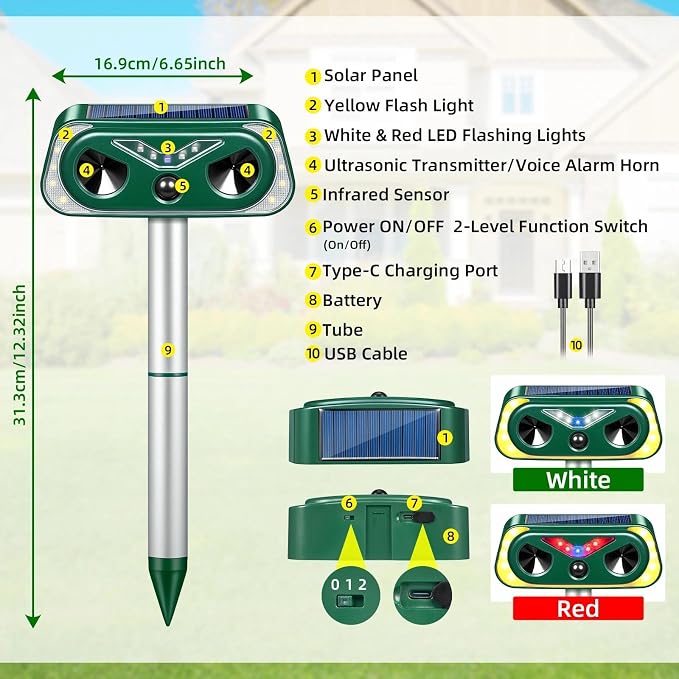 2026 New Sonic Fortress Pro Deer Repellent Devices,2Pcs Solar Ultrasonic Animal Repeller Outdoor Waterproof Motion Sensor Deterrent Yard Garden Repellent for Animals Cat,Squirrel,Racoon,Rabbit,Skunk