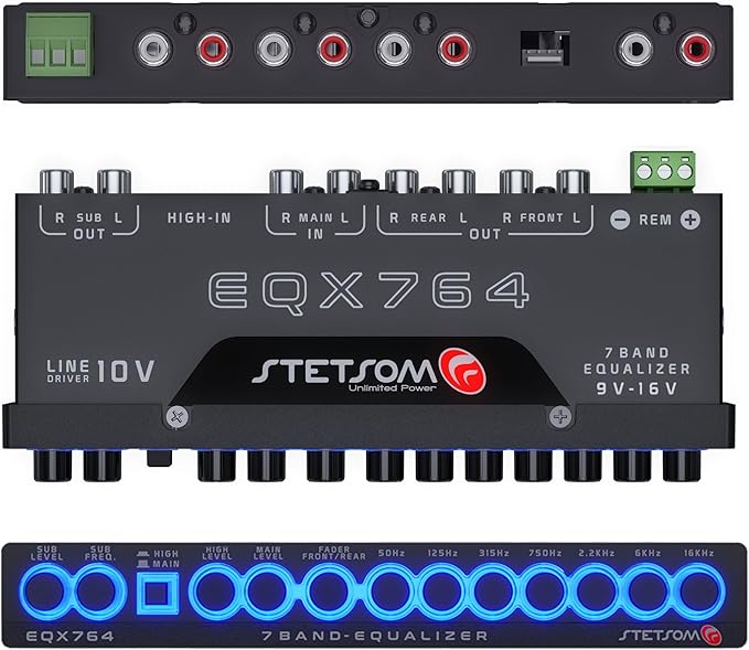 Stetsom EQX764-7 Band Equalizer, Pre-Amp Car Audio Graphic Equalizer with 4 Inputs (RCA & High) 6 Outputs, 10v Line Driver to Avoid Noise and Dedicated Sub Controls (Level & Frequency)