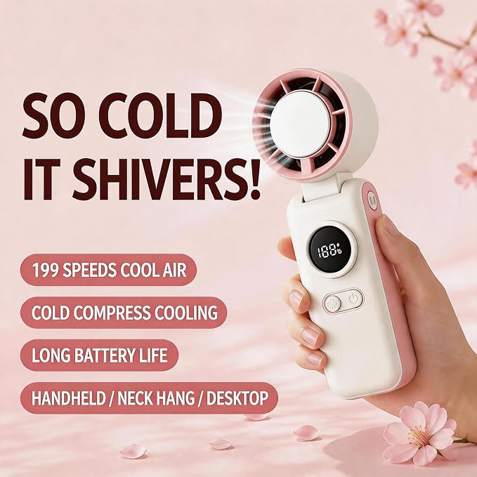 Portable Handheld Air Conditioners Fan with Semiconductor Ice Cooling,199 Speed Strong Wind,6000mAh Rechargeable,3-in-1 Mini AC Cooler Fan(Hand/Neck/Desk),Personal Turbo Fans for Outdoor Travel (Pink）