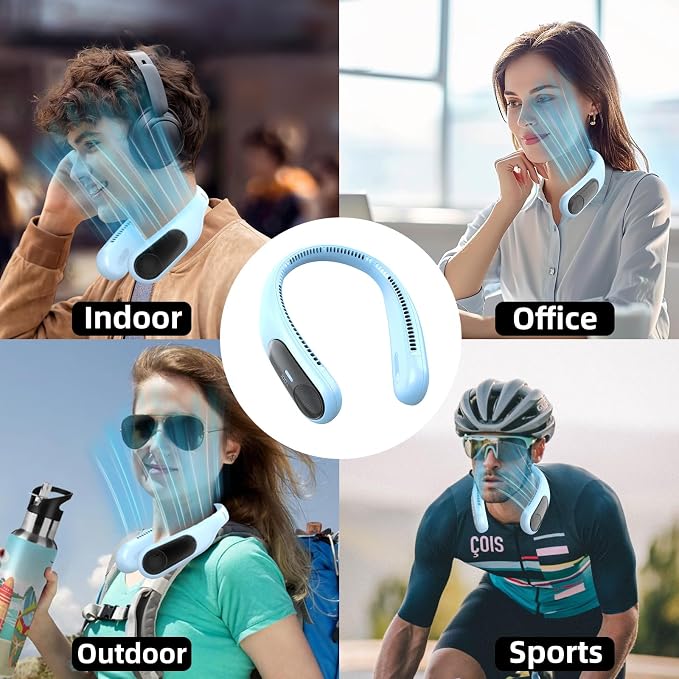 Portable Neck Fan, Personal Wearable Bladeless Fan for Outdoor Indoor, LED Display, 360° Cooling, 4-Speeds, 6000mAh USB Rechargeable, Birthday Gifts for Men Women Dad Mom (Light blue)