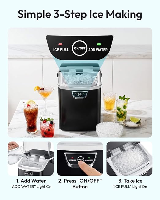 EUHOMY Nugget Ice Maker Countertop with Handle, Ready in 4 Mins, Max 40lbs/24H, Chewable Ice, Self-Cleaning, Portable Sonic Ice Maker with Basket and Scoop, for Home/Party/RV/Camping (Black)
