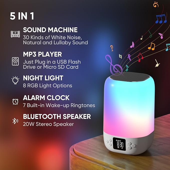 Night Light Bluetooth Speaker Alarm Clock, Sound Machine with White Noise, Touch Bedside Lamp for Bedroom, Dimmable Warm Light, 8 RGB Color Changing, Ideal Gift for 10-15 Year Old Teenage Boys Girls