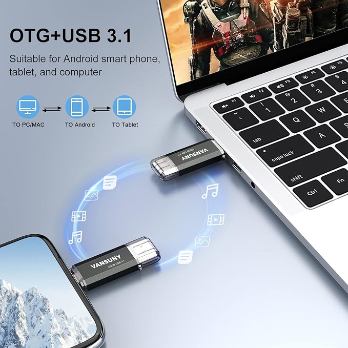 Vansuny 128GB Type C Flash Drive Upgraded 150MB/s USB 3.1 Flash Drive 2 in 1 OTG USB A + Tape C Memory Stick with Keychain Dual Type C USB Thumb Drive for Android Smartphones, Tablets, MacBook, PC