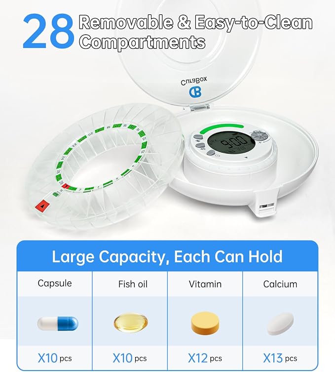 Bluetooth Automatic Pill Dispenser with App, Alarm, Light Alerts, 28-Day Medication Organizer for Seniors & Caregivers with Tracks Adherence History, Clear LCD, Key Lock, for Vitamins Prescriptions
